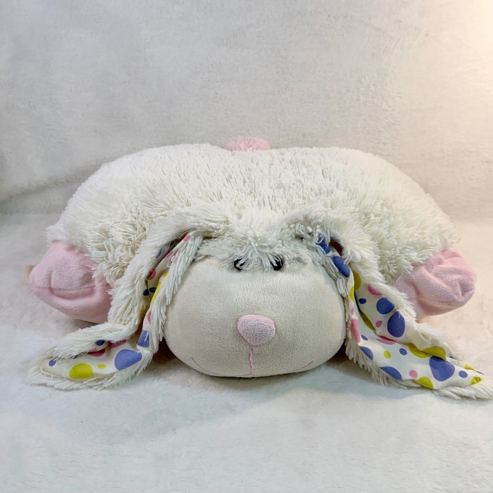 Pillow Pets White Pink Bunny Plush Folding Stuffed Animal Pillow Polka Dot